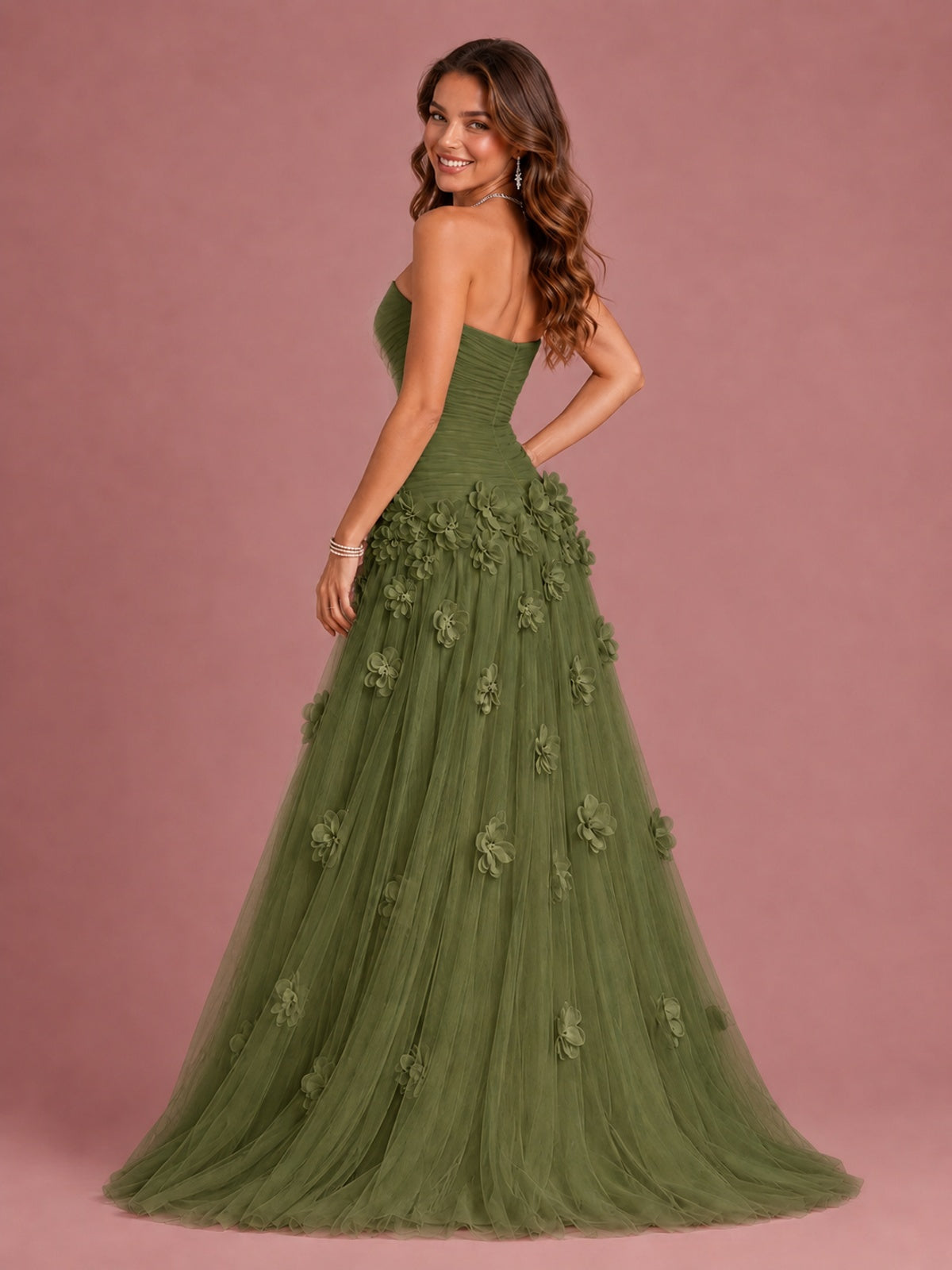 Blush Pink Strapless Sweetheart 3D Floral Tulle Ball Gown Prom Dres
