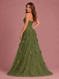 Blush Pink Strapless Sweetheart 3D Floral Tulle Ball Gown Prom Dres