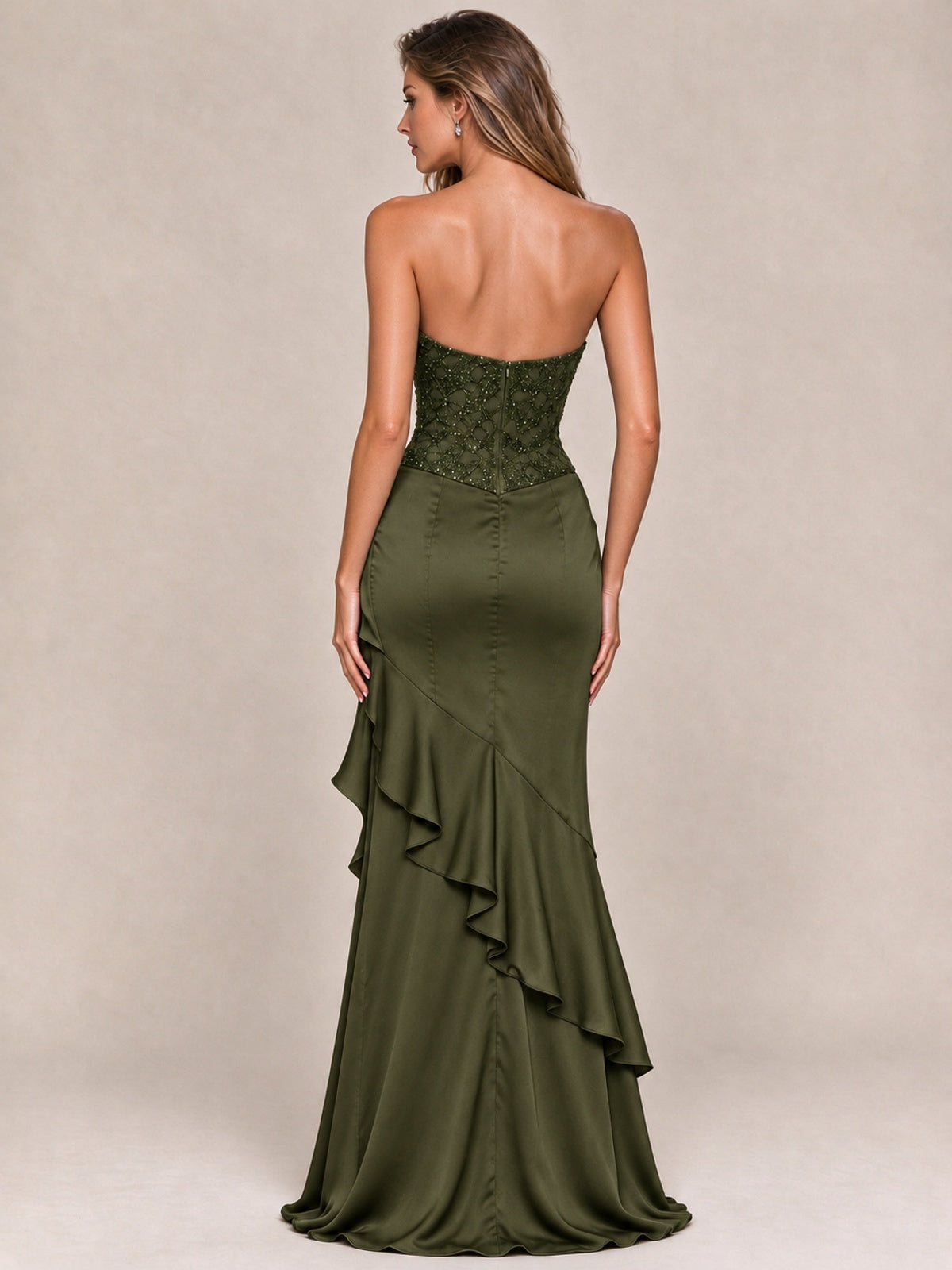 Strapless Lace Appliques Corset Satin Prom Dress Ruffle Slit Evening Gown