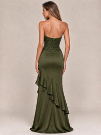 Strapless Lace Appliques Corset Satin Prom Dress Ruffle Slit Evening Gown