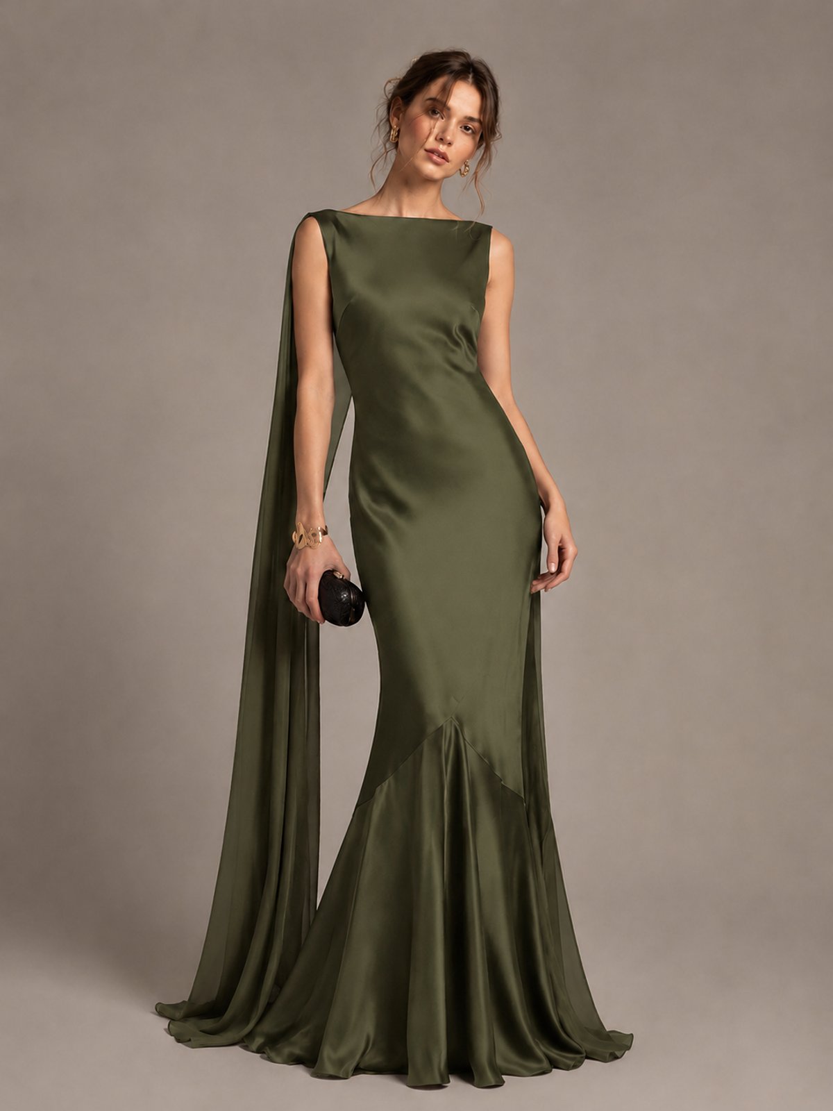 Burgundy Satin Mermaid Cape Maxi Dress