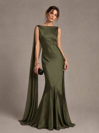 Burgundy Satin Mermaid Cape Maxi Dress