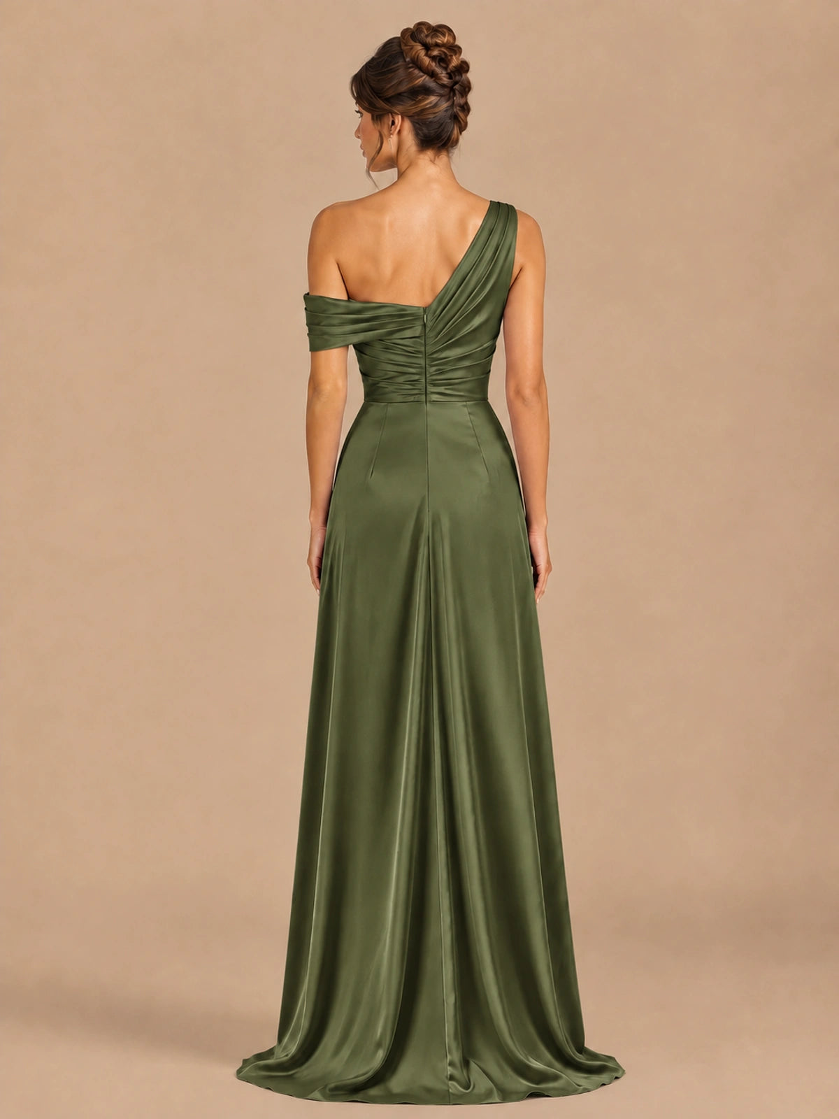 Satin One Shoulder Prom Dress Ruched Long Formal Evening Gown