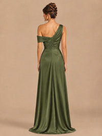 Satin One Shoulder Prom Dress Ruched Long Formal Evening Gown
