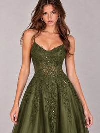 Lace Applique Satin A-Line Prom Dress with Sheer Bodice