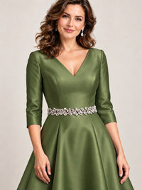 V-Neck Tea-Length Mother of the Bride Dress with Embellished Waist