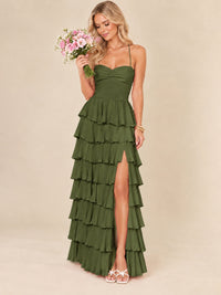 Ruffled Tiered Chiffon Prom Dress Spaghetti Straps Formal Maxi Dress with Slit