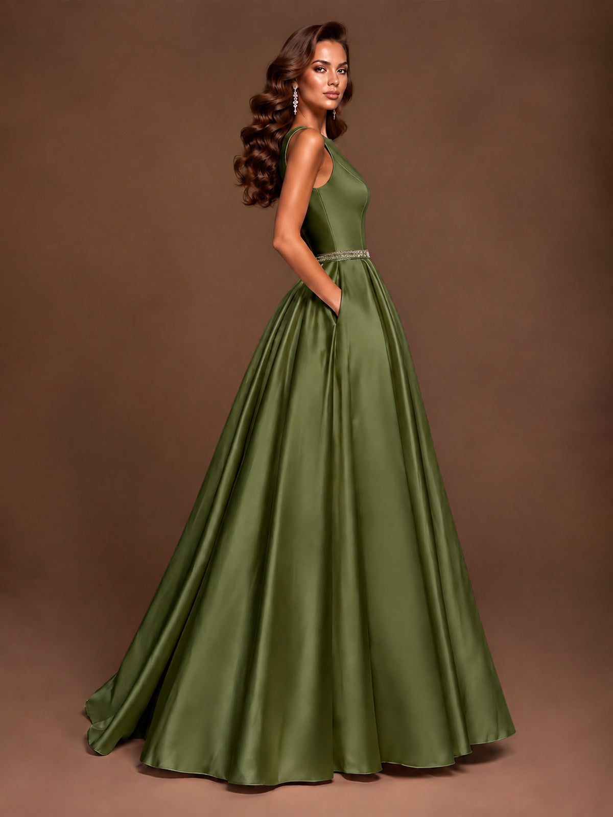 Satin A-Line Prom Dress Sleeveless Beaded Waist Formal Gown with Pockets