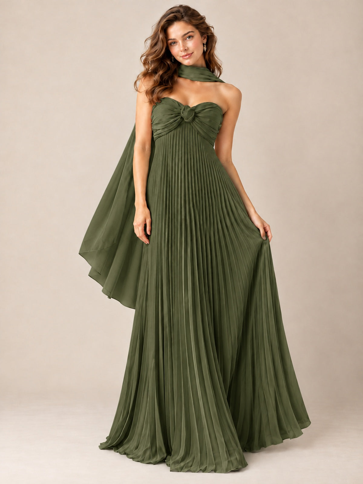Sweetheart Neckline Pleated Prom Dress Strapless A-line Formal Dress with Flowy Scarf