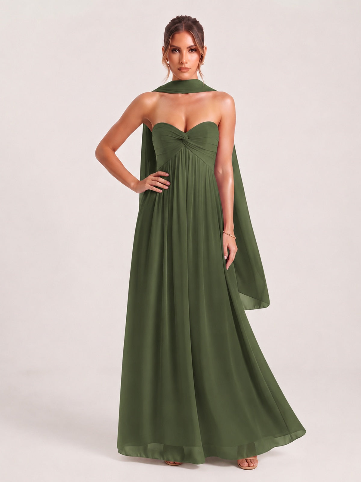 Strapless Ruched Chiffon Long Prom Dress with Scarf
