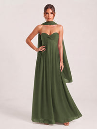 Strapless Ruched Chiffon Long Prom Dress with Scarf