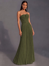 Strapless A-line Long Pleated Satin Prom Dress