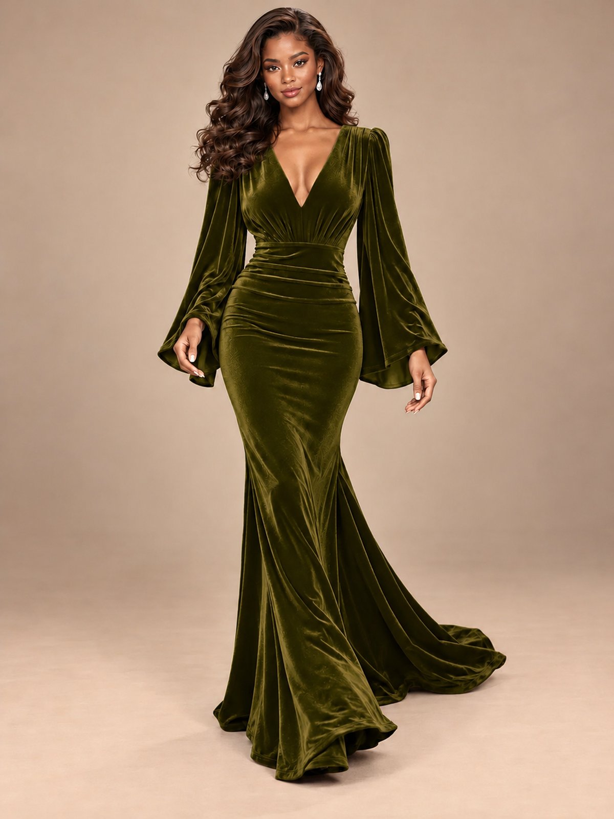 Burgundy Velvet Deep V-Neck Ruched Long Sleeve Maxi Dress