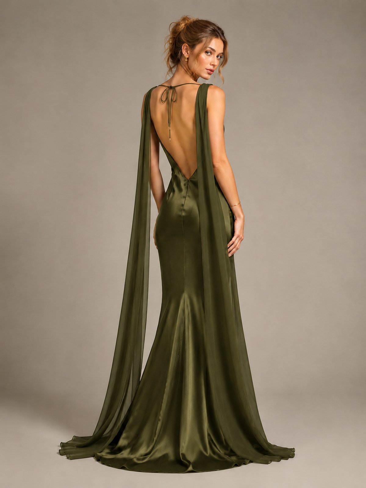 Burgundy Satin Mermaid Cape Maxi Dress