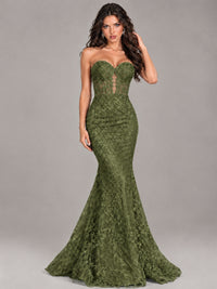 Strapless Corset Mermaid Prom Dress Lace Appliqué Formal Gown