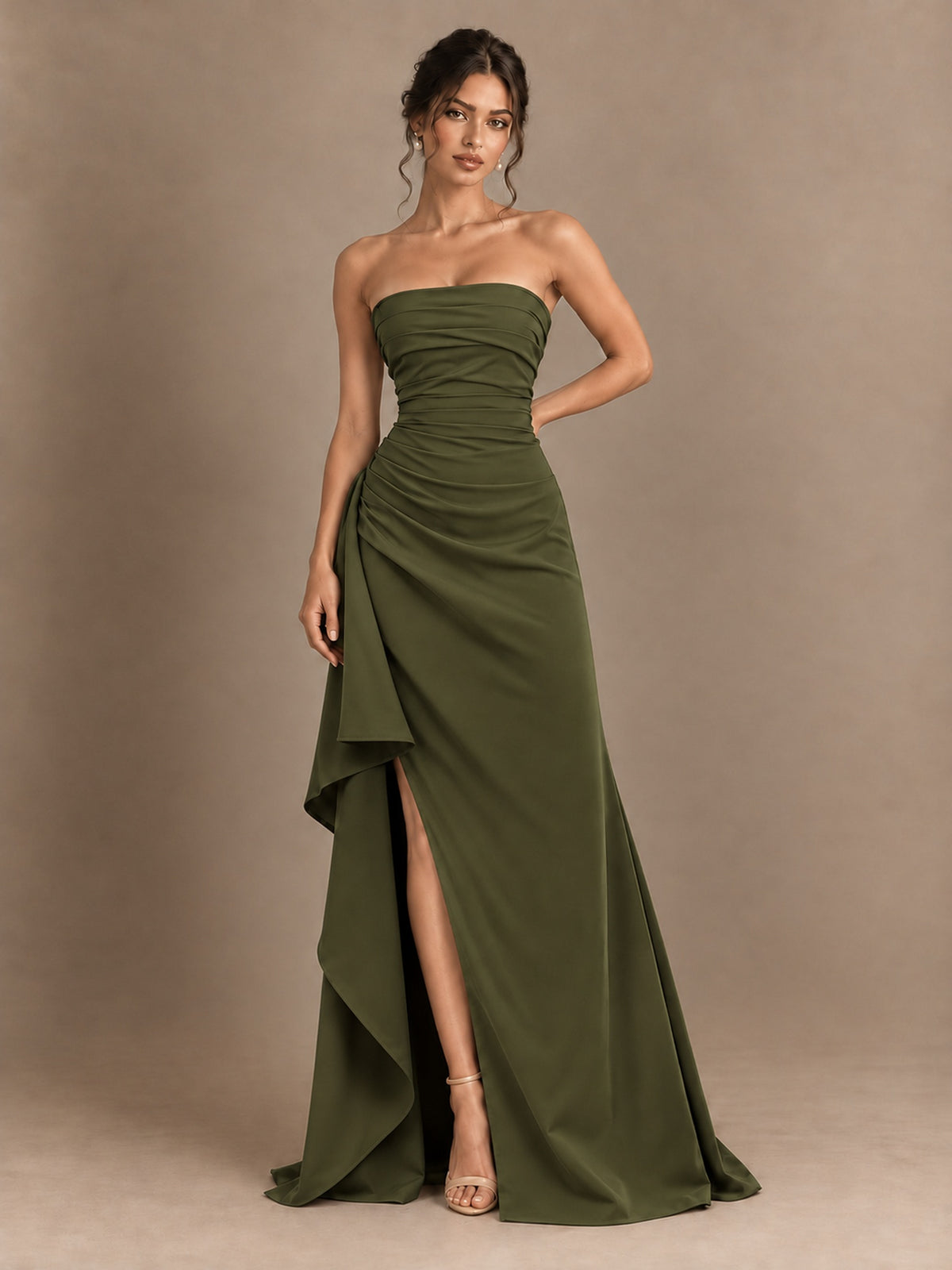 Black and White Strapless Ruched Prom Dress with High Slit & Side Drape