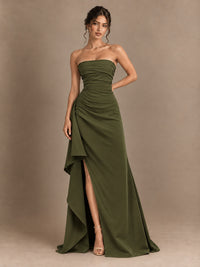Black and White Strapless Ruched Prom Dress with High Slit & Side Drape