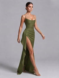 Square Neck Satin Long Prom Dress with Ruffles