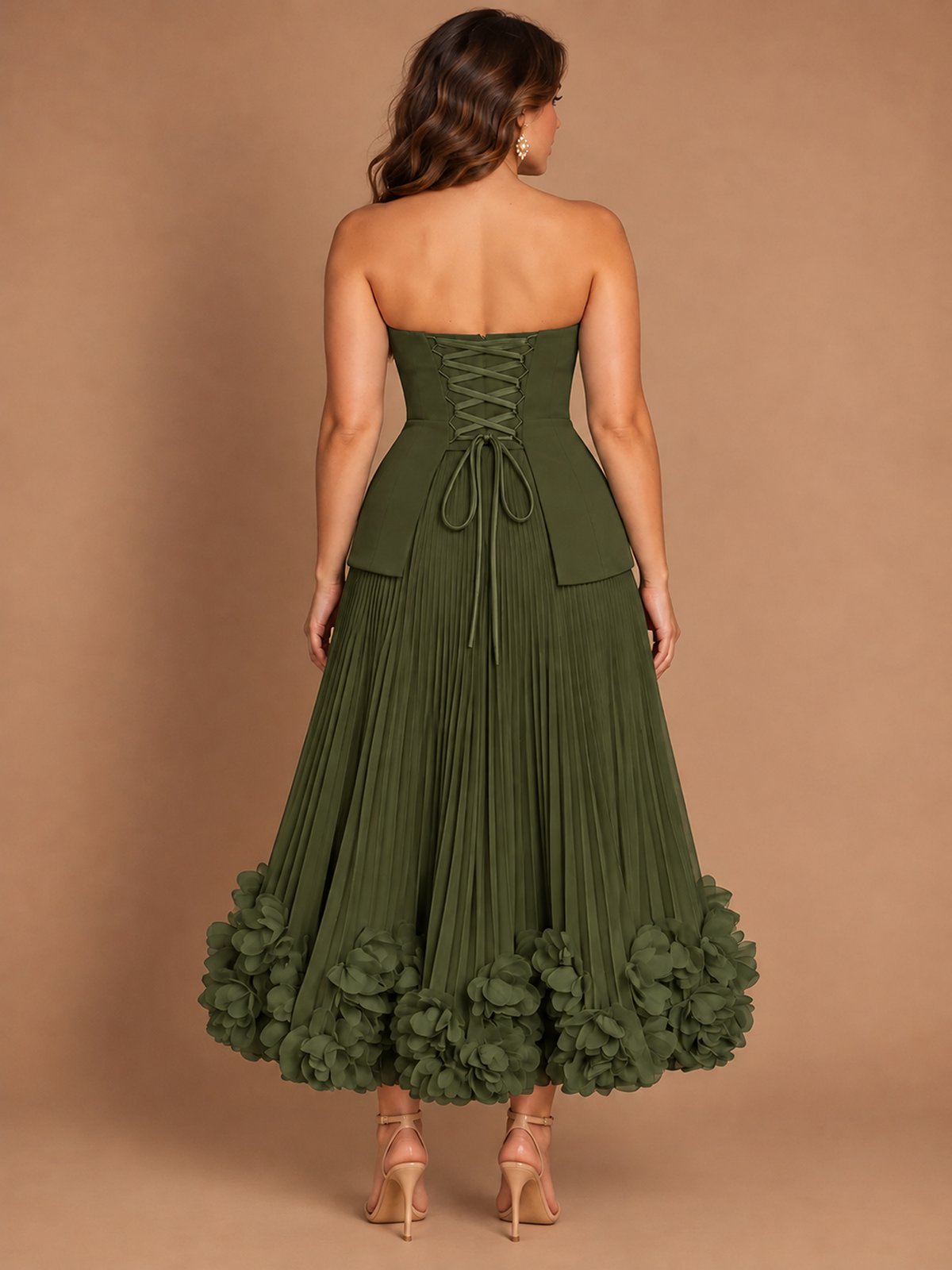 Navy Blue Strapless Pleated A-Line Midi Dress with 3D Floral Applique