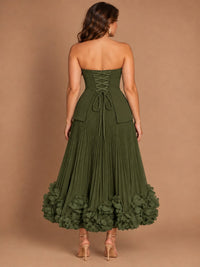 Navy Blue Strapless Pleated A-Line Midi Dress with 3D Floral Applique