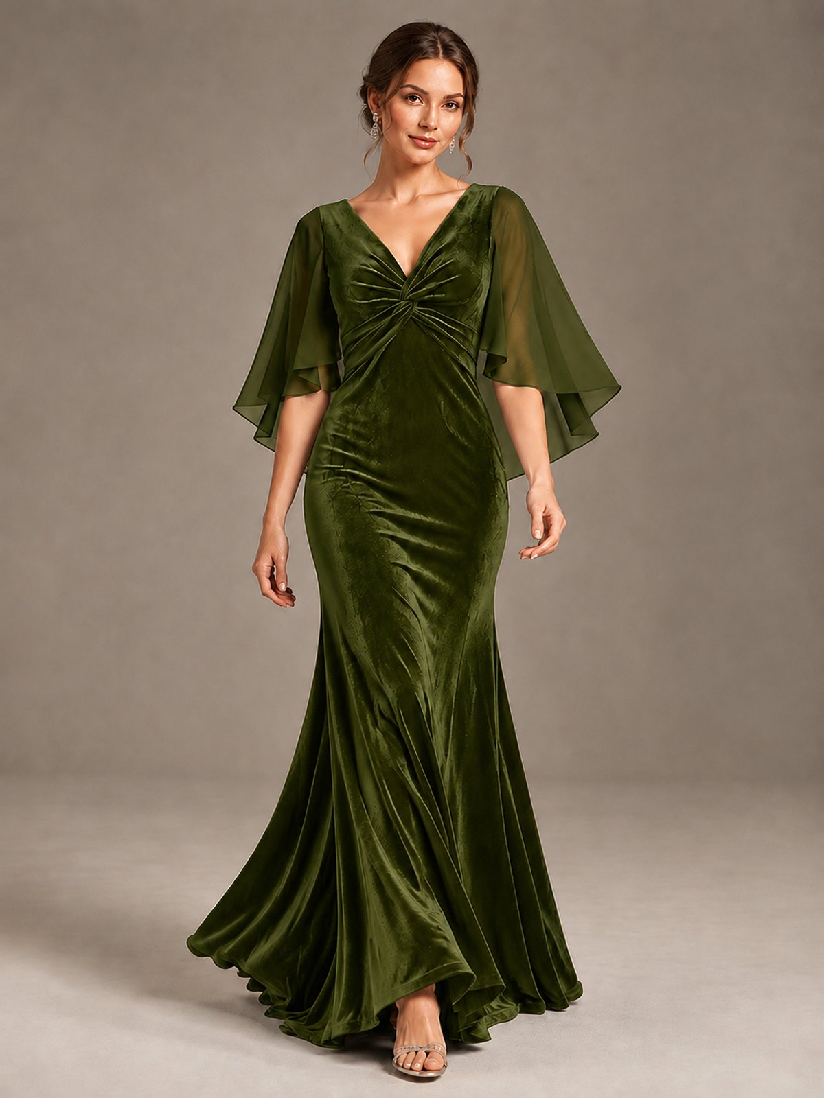 Navy Blue Velvet V Neck Mermaid Formal Dress with Flutter Cape Sleeves