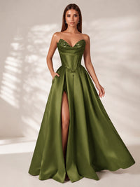Strapless Corset Satin Prom Dress Long Evening Gown with High Slit