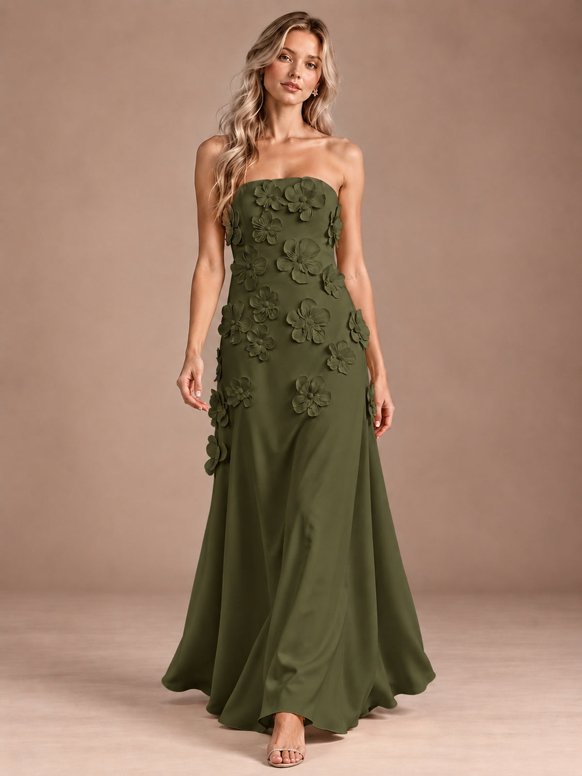 Yellow Strapless A-line Satin Maxi Dress with 3D Floral