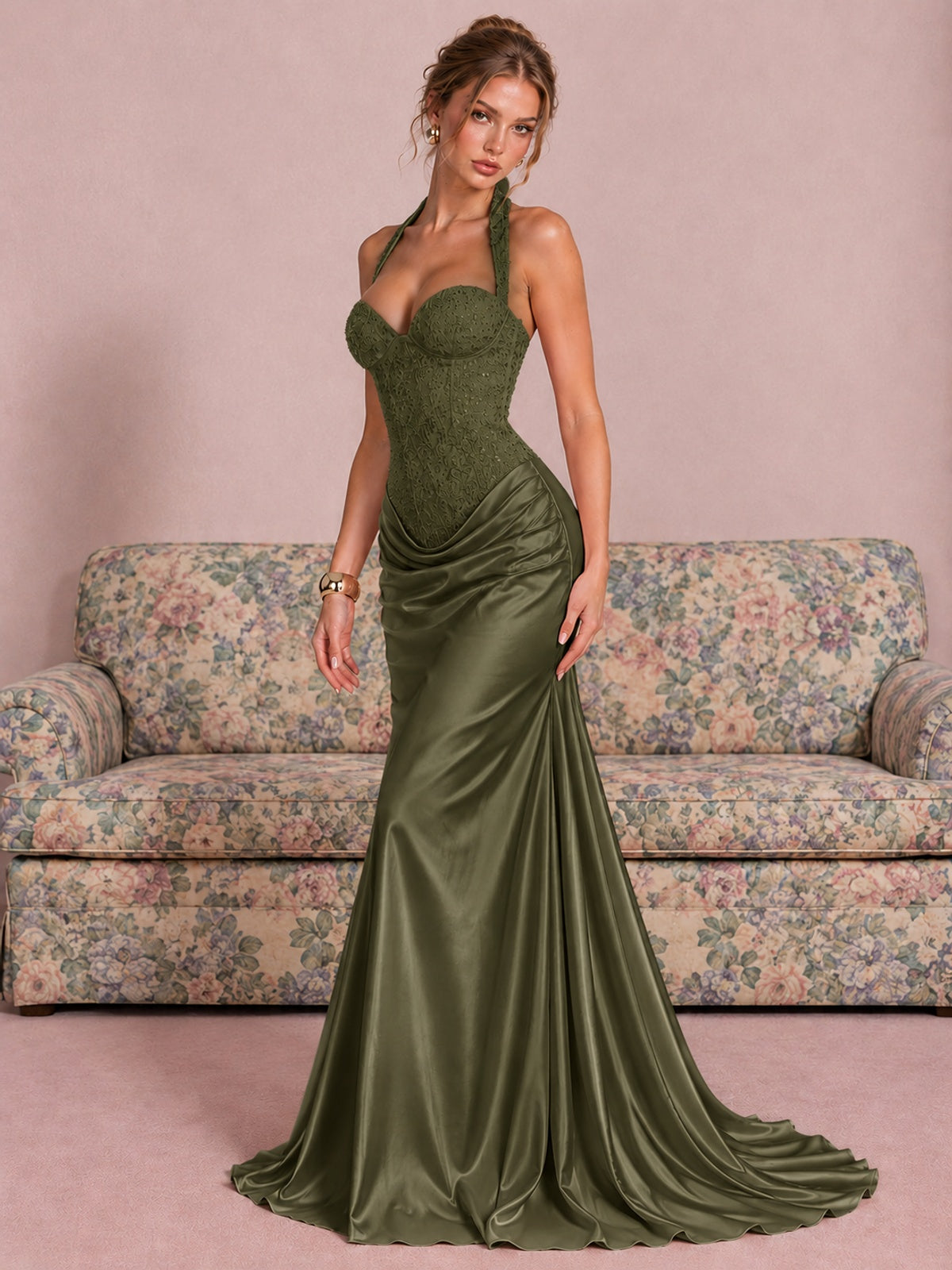 Sparkling Halter Corset Satin Mermaid Prom Dress