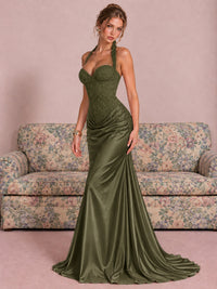 Sparkling Halter Corset Satin Mermaid Prom Dress