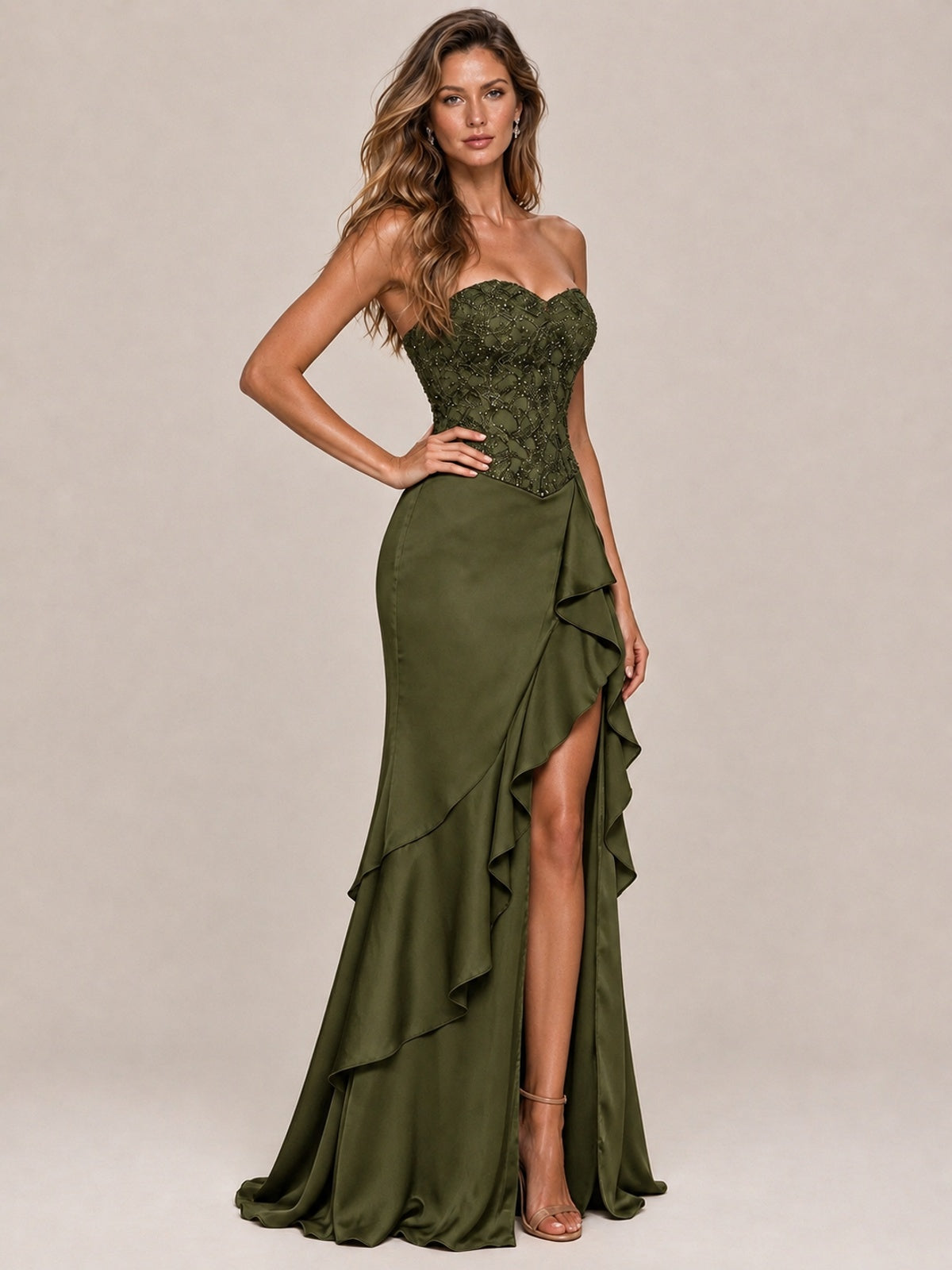 Strapless Lace Appliques Corset Satin Prom Dress Ruffle Slit Evening Gown