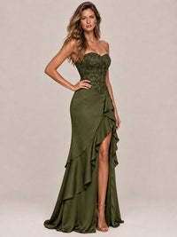Strapless Lace Appliques Corset Satin Prom Dress Ruffle Slit Evening Gown