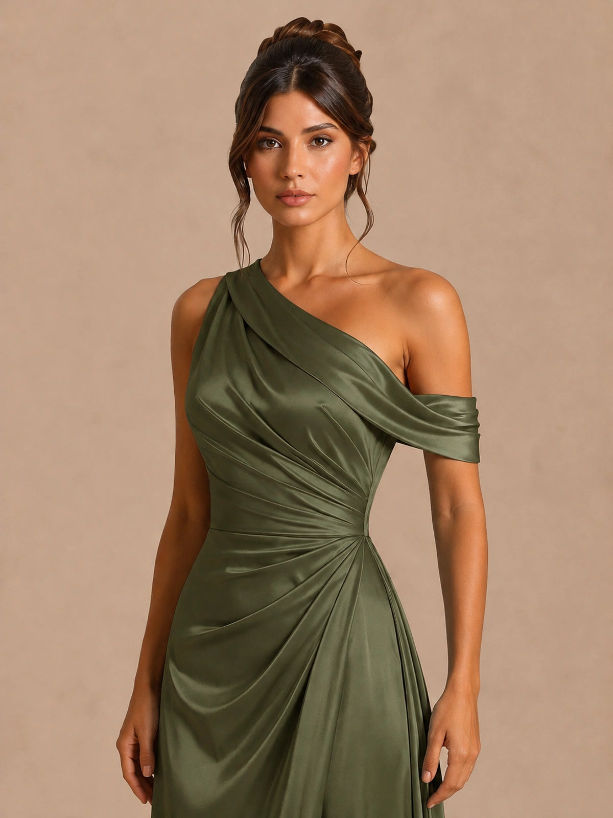 Satin One Shoulder Prom Dress Ruched Long Formal Evening Gown