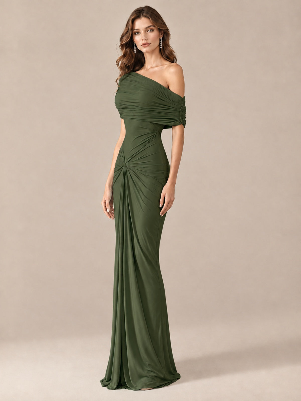 Elegant Draped Off Shoulder Ruched Mermaid Chiffon Formal Evening Gown