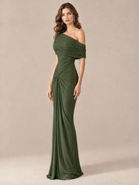 Elegant Draped Off Shoulder Ruched Mermaid Chiffon Formal Evening Gown