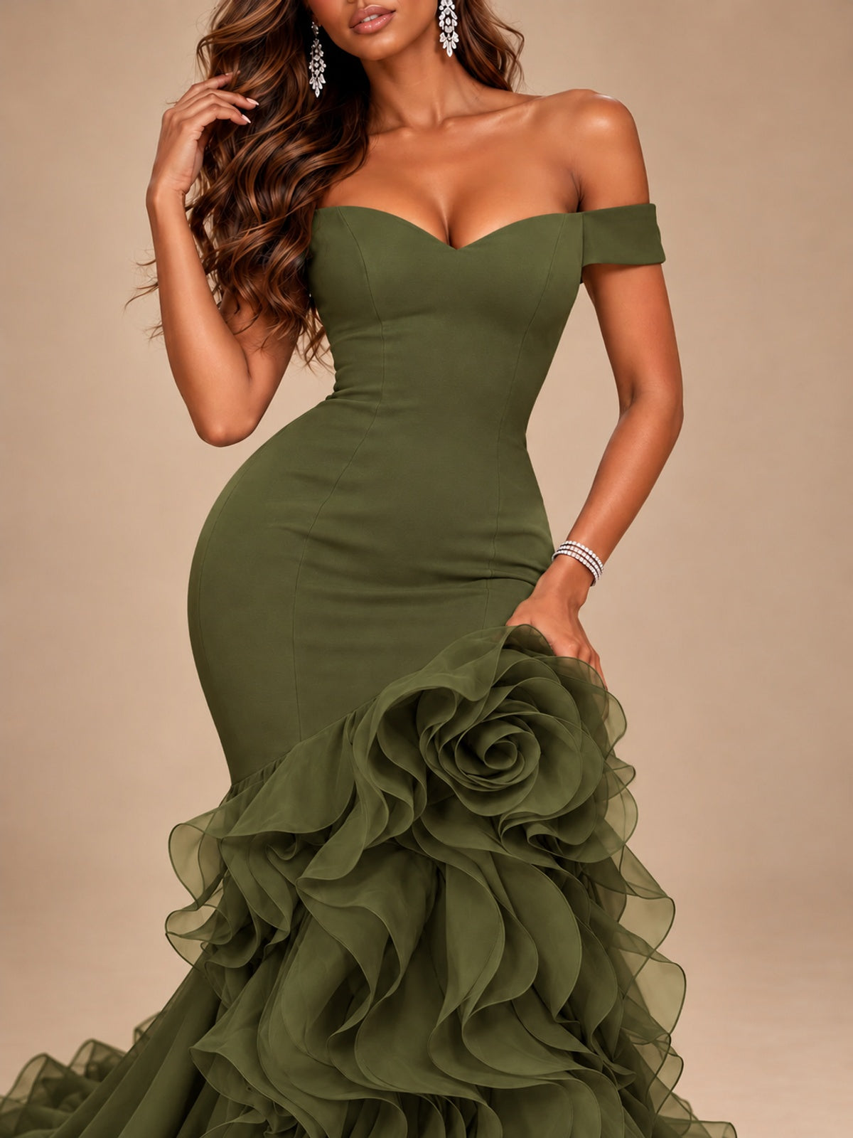 Dusty Blue Off-the-Shoulder Mermaid Prom Dress with 3D Rose & Ruffles