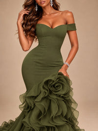 Dusty Blue Off-the-Shoulder Mermaid Prom Dress with 3D Rose & Ruffles