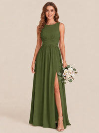 A-line Sleeveless Rucehd Chiffon Bridesmaid Dress with High Slit