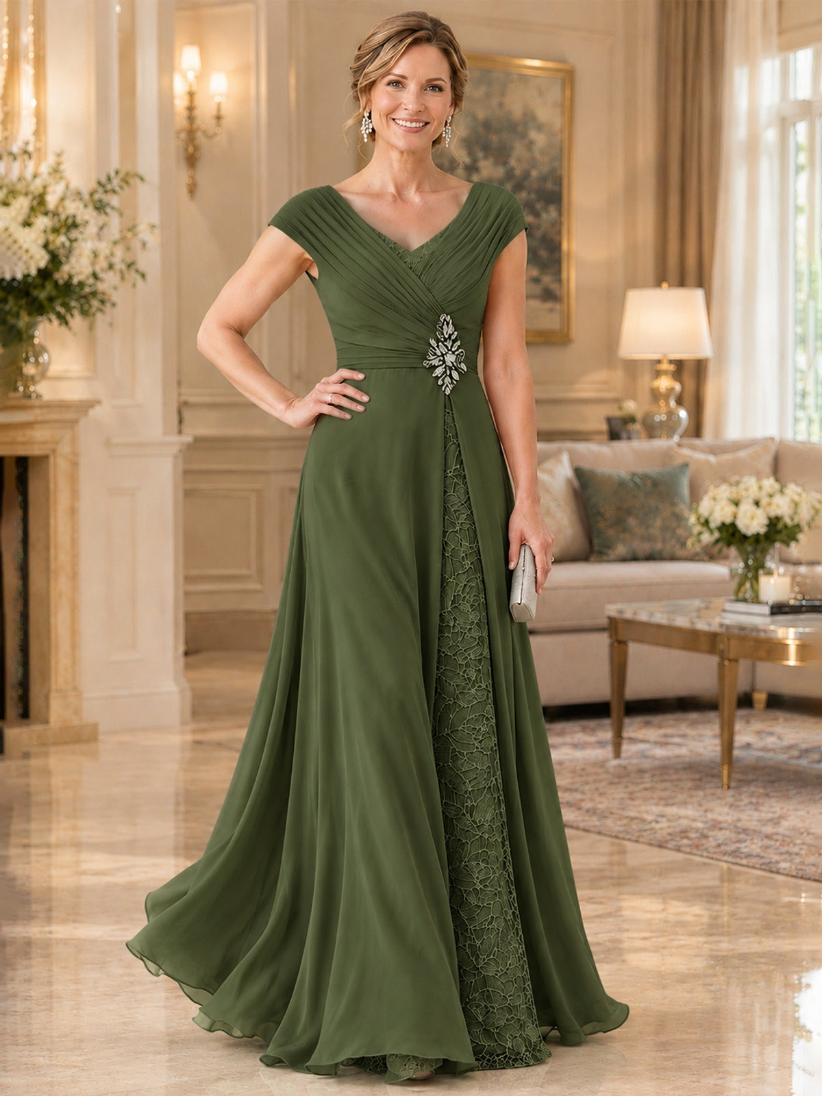 Pleated Chiffon Lace Mother of The Bride Dresses with Beading Cap Sleeves