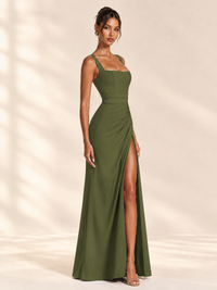 Square Neck Satin Sleeveless Ruched Prom Dress with High Slit