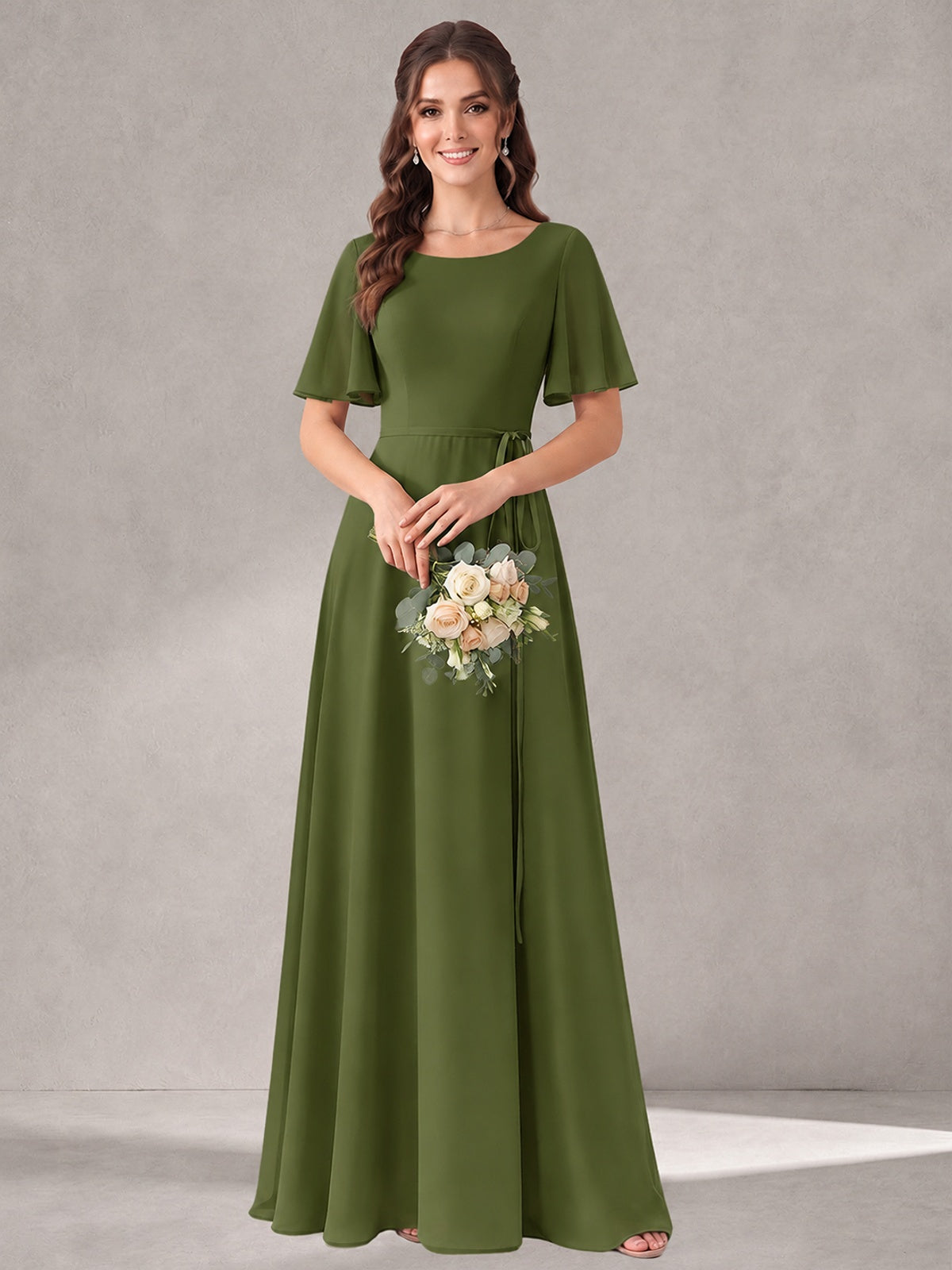 Scoop Neck A-line Chiffon Bridesmaid Dress with Flutter Sleeve & Belt
