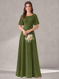 Scoop Neck A-line Chiffon Bridesmaid Dress with Flutter Sleeve & Belt