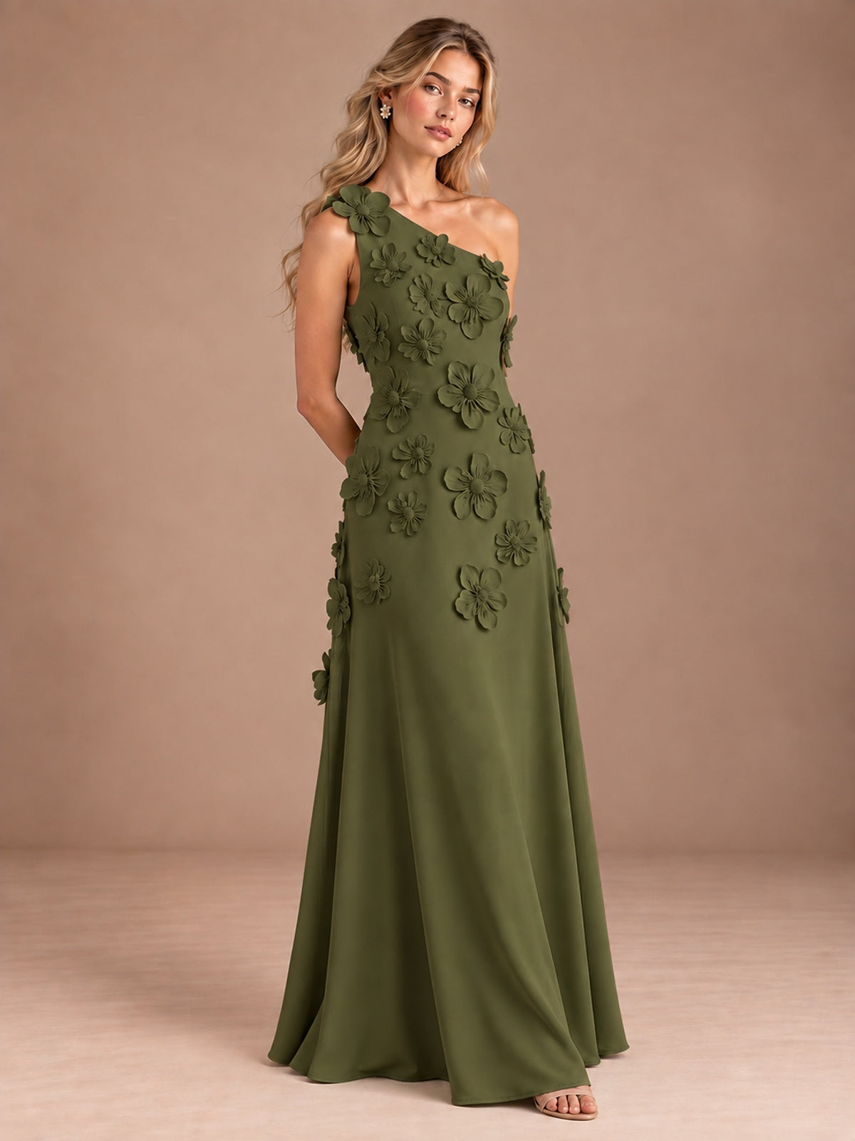 Sage Green One Shoulder Satin Formal Maxi Dress with 3D Floral