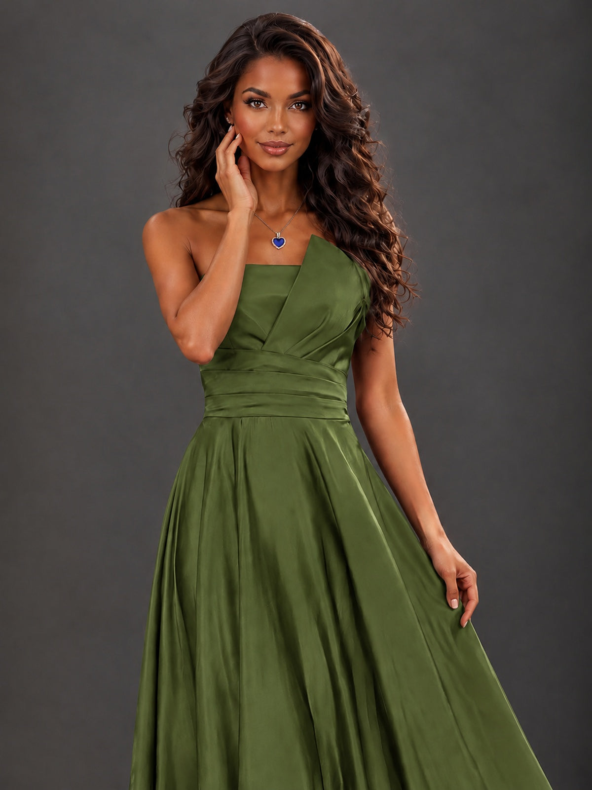 Draped Satin Prom Dress Strapless A-line Formal Dress Floor Length