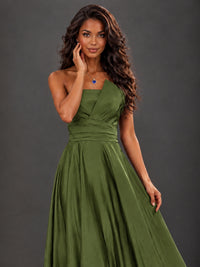 Draped Satin Prom Dress Strapless A-line Formal Dress Floor Length
