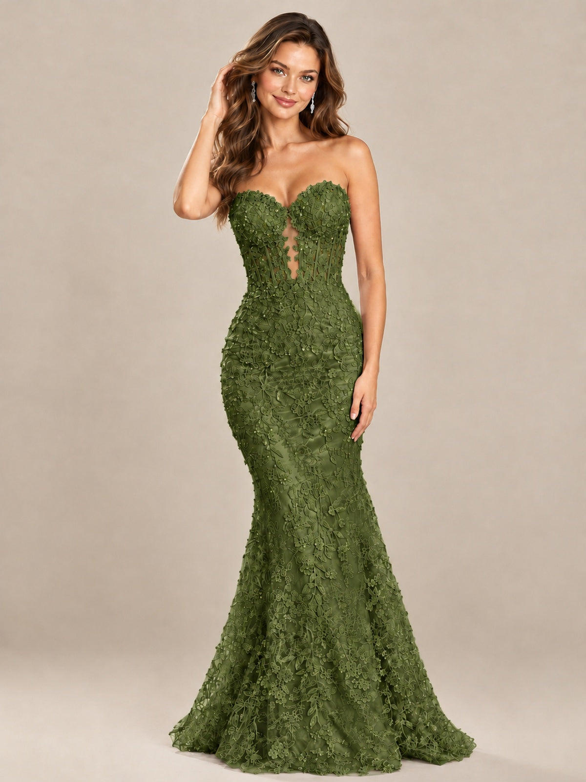 Strapless Corset Mermaid Prom Dress with Floral Lace Appliqué