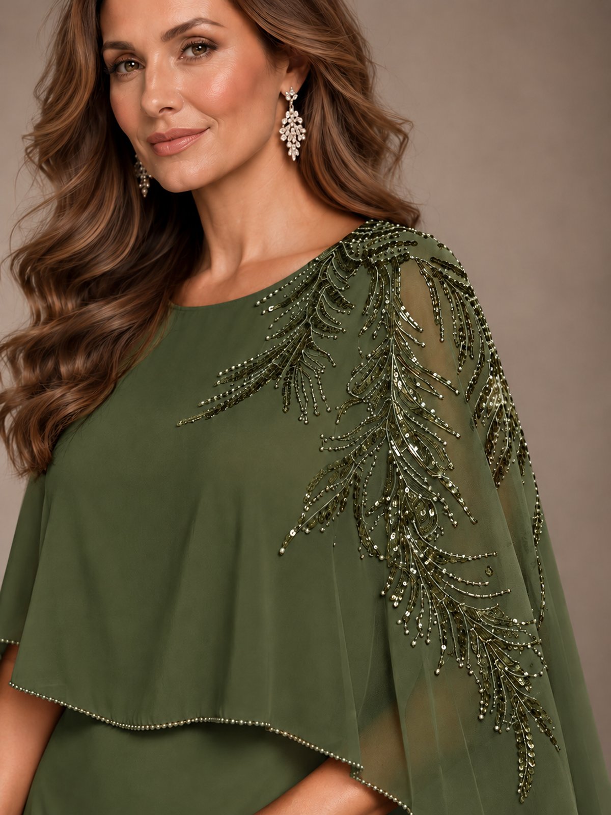 Elegant Chiffon Cape Sleeve Beaded Mother of the Bride Dress