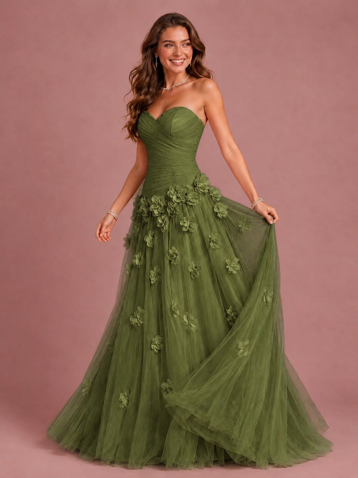 Blush Pink Strapless Sweetheart 3D Floral Tulle Ball Gown Prom Dres
