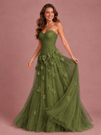 Blush Pink Strapless Sweetheart 3D Floral Tulle Ball Gown Prom Dres