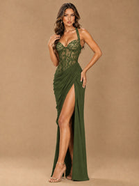 Sweetheart Halter Prom Dress Pleated Lace Floral Formal Dress with Slit