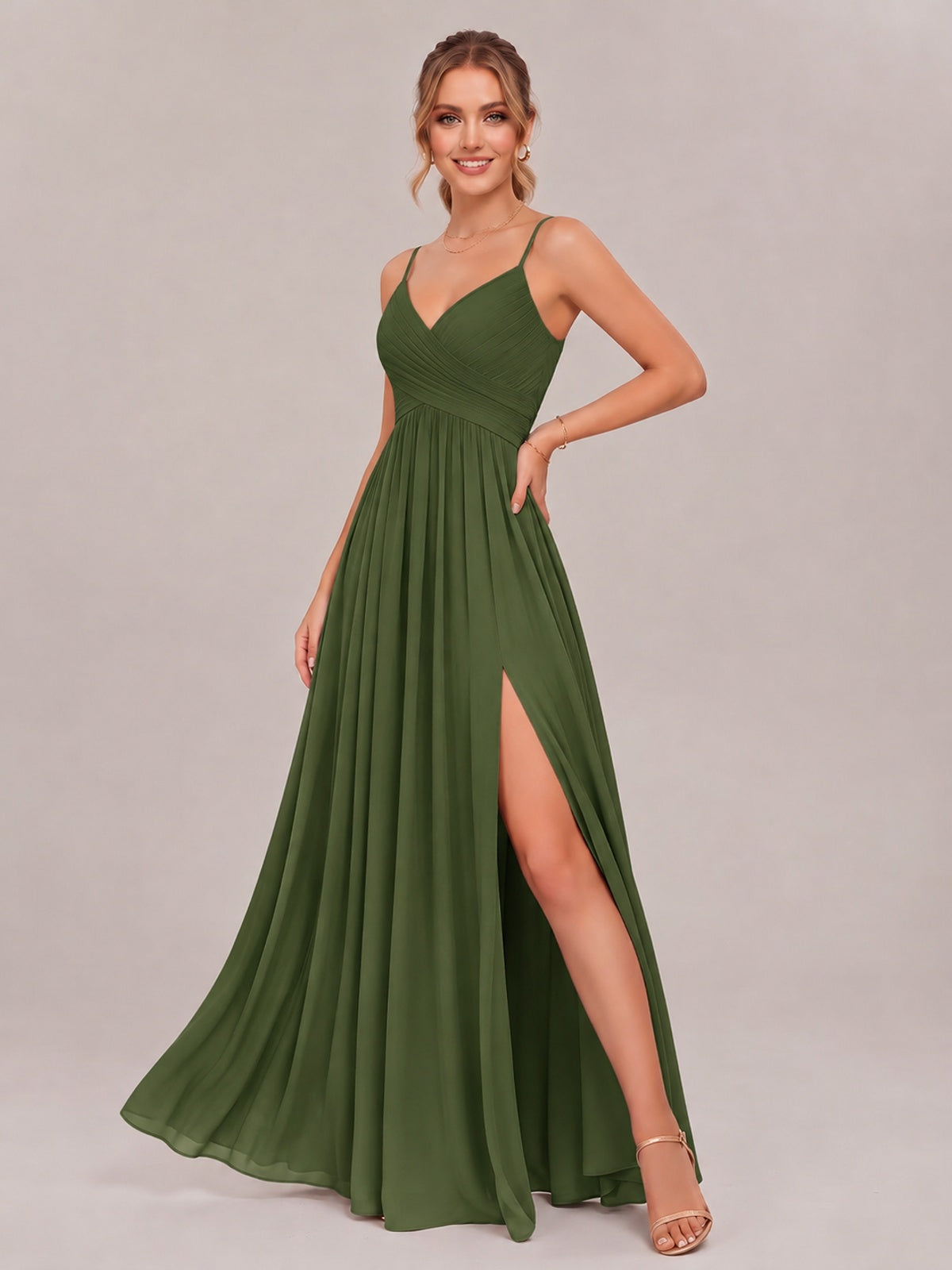 V-Neck Pleated Chiffon Long Bridesmaid Dress with Slit